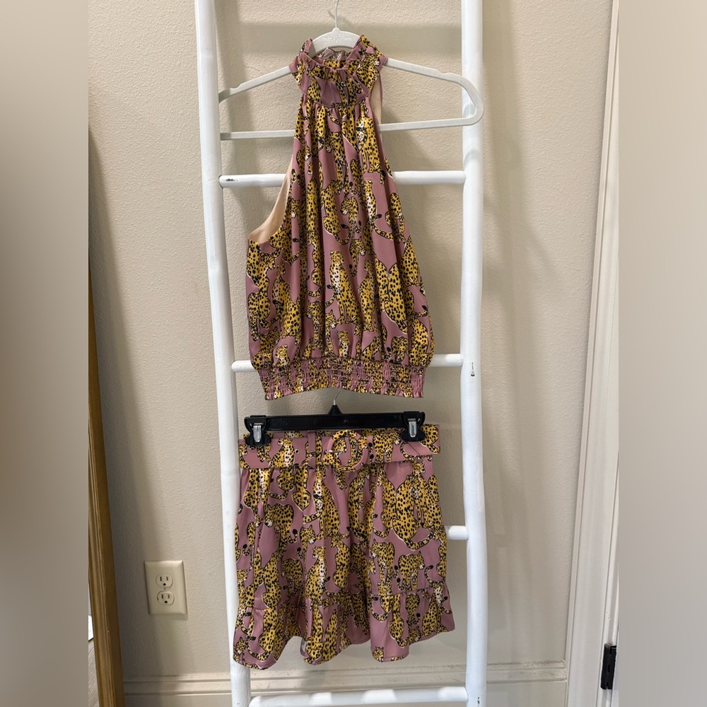 Lavender Brown Leopard Print High-Neck Top and Shorts Set